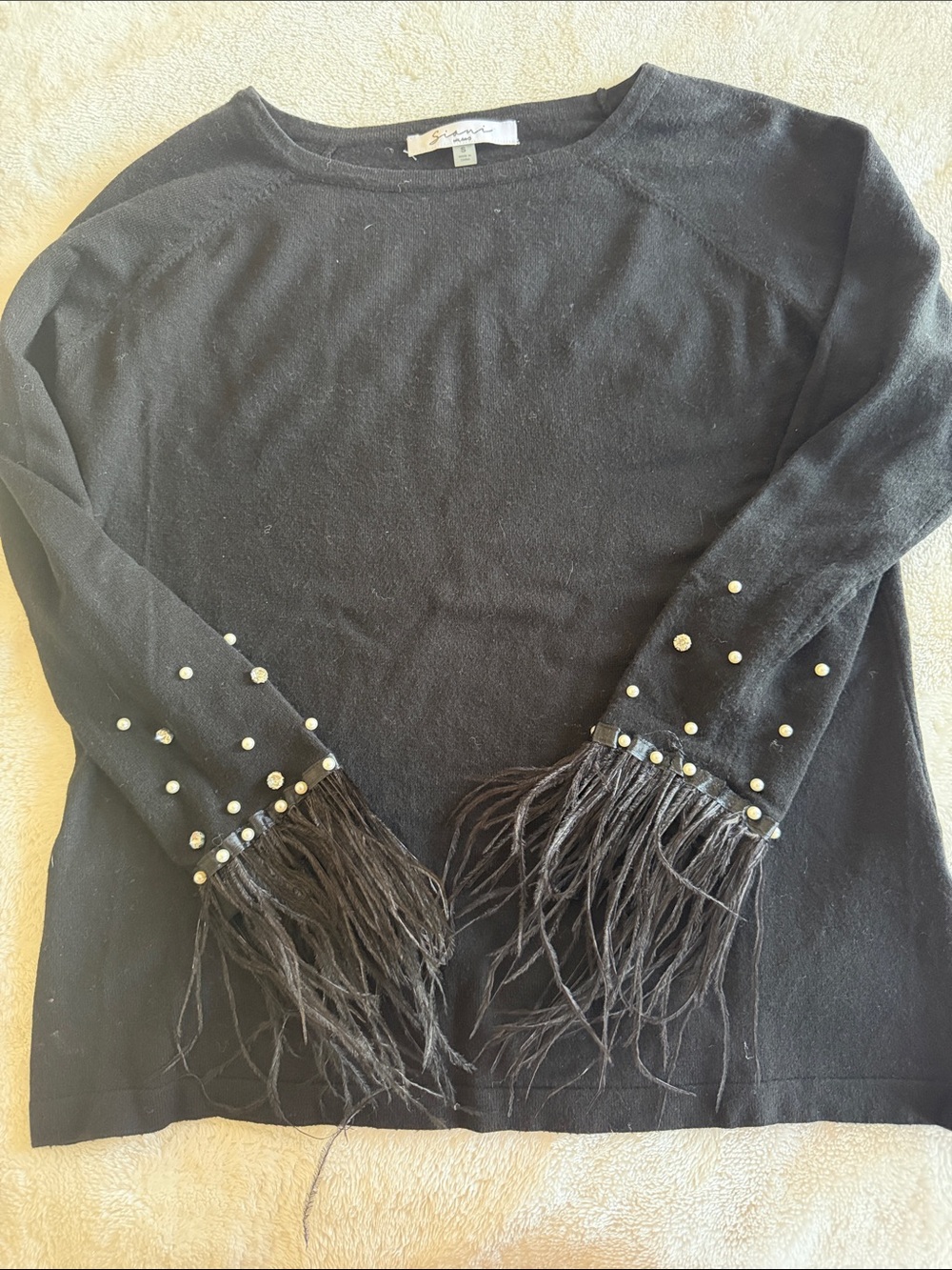 T.J.Maxx Black Crewneck Sweater with Pearl Studs & Fringe Cuffs